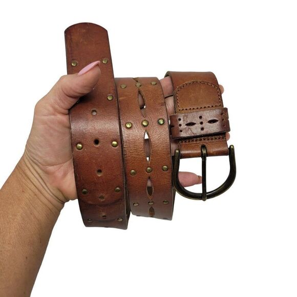AEO Genuine Leather Brown Belt M Perforated Studded Boho Country Cowgirl - Picture 1 of 13